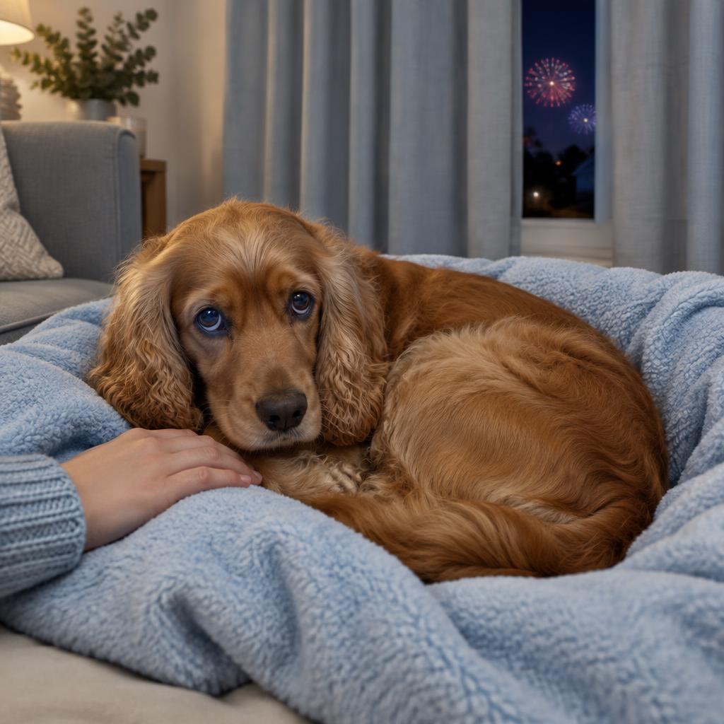 A noise-sensitive spaniel resting in a cosy den with its owner while fireworks light the distant sky
